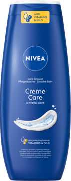 NIVEA Creme Care kremowy żel pod prysznic w niebieskiej butelce, widok z przodu, z ikonami witamin i olejków.