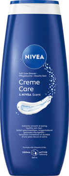 NIVEA Creme Care nawilżający żel pod prysznic, niebieska butelka 500ml z białym wieczkiem i kremowym wzorem, widok z przodu.
