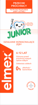 Elmex Junior płyn do płukania jamy ustnej przeciw próchnicy, dla dzieci 6-12 lat, biało-pomarańczowe opakowanie, widok z przodu.