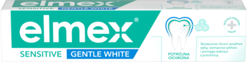 Elmex Sensitive Gentle White pasta do zębów w tubie, biało-zielona, z wyraźnym logo i grafiką zęba, widok z przodu.