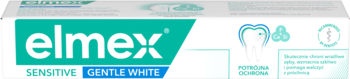 Biała tubka pasty elmex Sensitive Gentle White z turkusowym logo, widok z przodu, ochrona nadwrażliwych zębów.