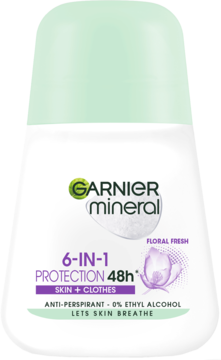 Biały antyperspirant Garnier Mineral roll-on 6-w-1 Floral Fresh, z jasnozieloną nakrętką, widok z przodu.