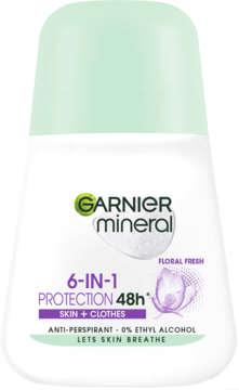 Biały antyperspirant Garnier Mineral roll-on 6-w-1 Floral Fresh, z jasnozieloną nakrętką, widok z przodu.