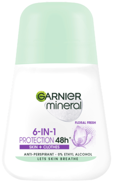 Garnier Mineral 6-IN-1 Protection 48h Floral Fresh antyperspirant roll-on, biała butelka, zielona nakrętka, bez alkoholu.