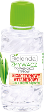 Bielenda zmywacz bezacetonowy do paznokci i tipsów, witaminowy z B5 i olejem sojowym, w butelce z zieloną nakrętką.
