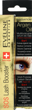 Złote opakowanie Eveline SOS Lash Booster Argan Oil 5in1, serum do rzęs, widok z przodu i boku z okiem.