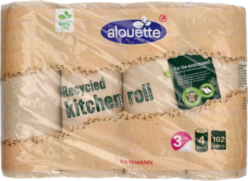 Opakowanie 4 rolek recyklingowanego ręcznika kuchennego Alouette 3-warstwowego, widok z przodu, zielone napisy.