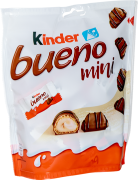 Torebka Kinder Bueno mini wafelków w mlecznej czekoladzie z orzechowym nadzieniem, biało-pomarańczowa, widok z przodu.