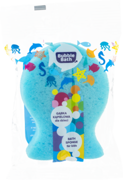 Niebieska gąbka kąpielowa dla dzieci w kształcie morskiego zwierzątka, zapakowana w folię z nadrukami.