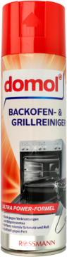 Czerwono-srebrny spray domol do czyszczenia piekarnika i grilla, widok z przodu z grafiką piekarnika.