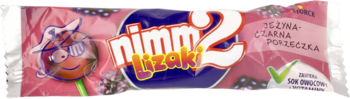 Nimm 2 Lizak o smaku owocowym, różowe opakowanie z niebieskim logo i napisem 'nimm Lizak!'. Widok z przodu.