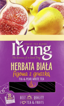 Fioletowo-żółte opakowanie herbaty Irving Fig & Pear White Tea, 20 torebek, z grafiką świeżych fig i gruszek.