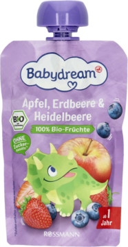 Babydream purée owocowe jabłko-truskawka-borówka, fioletowa saszetka z dinozaurem, od 1 roku.