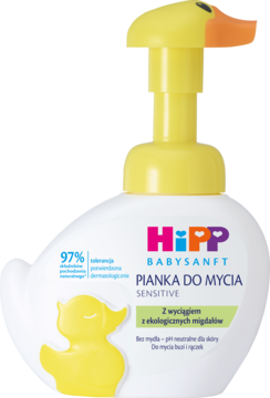 HiPP Babysanft Pianka do mycia Sensitive dla dzieci z migdałami, biała butelka z żółtą pompką kaczuszki, z przodu.