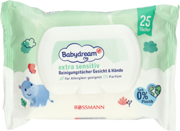 Chusteczki Babydream extra sensitiv 25 szt. do twarzy i rąk, białe opakowanie z napisem 0% plastiku.