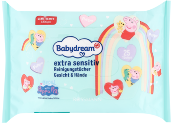 Niebieskie opakowanie delikatnych chusteczek Babydream extra sensitiv Peppa Pig, 25 sztuk, widok z przodu.