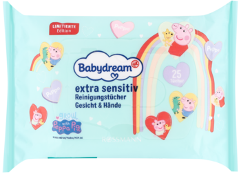 Niebieskie opakowanie delikatnych chusteczek Babydream extra sensitiv Peppa Pig, 25 sztuk, widok z przodu.