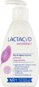 Biała butelka Lactacyd Łagodzący płyn do higieny intymnej z pompką, widok z przodu, fioletowy wzór.