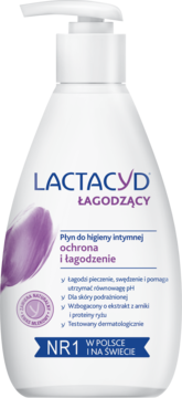 Biała butelka Lactacyd Łagodzący płynu do higieny intymnej z pompką, fioletowe logo i tekst, widok z przodu.