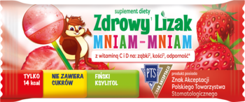 Czerwone opakowanie suplementu diety Zdrowy Lizak Mniam-Mniam truskawkowy, wit. C+D, widok z przodu.