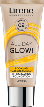 Lirene ALL DAY GLOW! rozświetlający podkład w beżowej tubce z żółtymi detalami i srebrną zakrętką, widok z przodu.