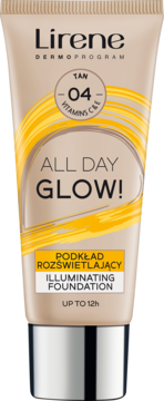 Lirene All Day Glow! podkład rozświetlający, tan 04, beżowa tubka z żółtymi swirami, widok z przodu.