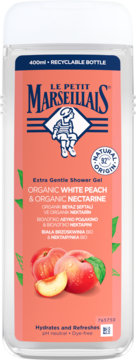 Le Petit Marseillais żel pod prysznic Biała Brzoskwinia BIO i Nektarynka, 400ml, na etykiecie z brzoskwiniami.