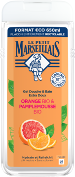 Le Petit Marseillais Organic Orange & Grapefruit shower gel, 650ml, front view of clear bottle with orange label and fruit images.