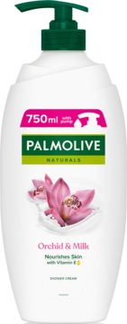 Palmolive Naturals Orchid & Milk shower cream 750ml, biała butelka z zieloną pompką, z przodu różowe orchidee i mleko.