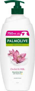 Palmolive Naturals Orchid & Milk shower cream 750ml, biała butelka z zieloną pompką, z przodu różowe orchidee i mleko.