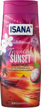 Isana Tropical Sunset Duschgel, fioletowo-pomarańczowa butelka z palmami, łódką i mangostanem. Zapach: mangostan i jaśmin.
