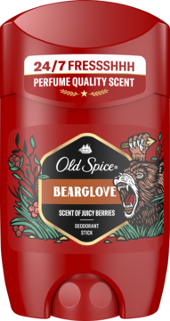 Czerwony dezodorant w sztyfcie Old Spice Bearglove z etykietą niedźwiedzia i jagód, widok z przodu.