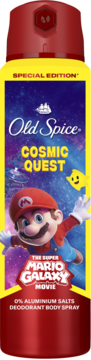 Special Edition Old Spice Cosmic Quest Mario Galaxy Movie deodorant spray, yellow/red bottle with Mario flying.