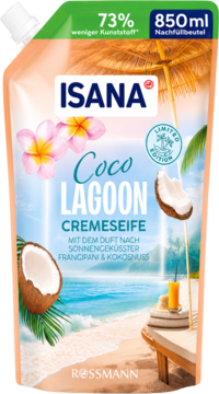 Isana Coco Lagoon mydło w płynie 850ml, uzupełnienie 73% mniej plastiku, tropikalna plaża, kokos.