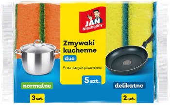 Opakowanie zmywaków JAN Niezbędny 5 szt.: 3 pomarańczowo-zielone normalne i 2 żółto-niebieskie delikatne.