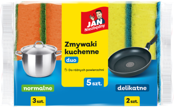 Opakowanie zmywaków JAN Niezbędny 5 szt.: 3 pomarańczowo-zielone normalne i 2 żółto-niebieskie delikatne.