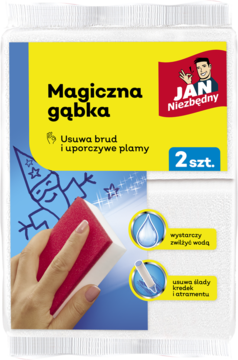 Magiczna gąbka Jan Niezbędny, opakowanie 2 szt., biało-żółte, z ilustracją usuwania zabrudzeń wodą.