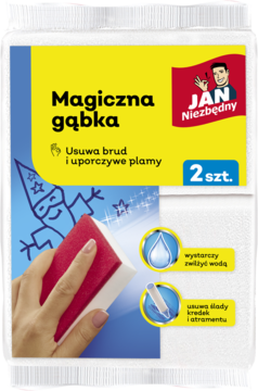 Magiczna gąbka Jan Niezbędny, opakowanie 2 szt., biało-żółte, z ilustracją usuwania zabrudzeń wodą.