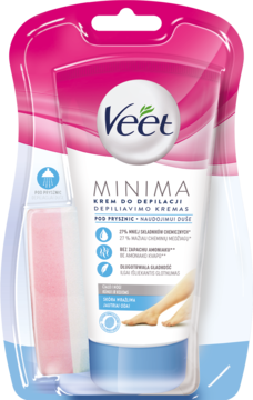 Veet Minima krem do depilacji pod prysznic dla skóry wrażliwej, biała tubka w różowym blistrze, widok z przodu.