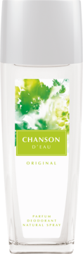 Chanson d'Eau Original naturalny dezodorant w sprayu, przezroczysta butelka z zielono-białą etykietą, widok z przodu.