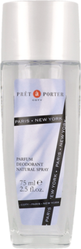 Prêt à Porter Parfum Deodorant Natural Spray w przezroczystej butelce 75ml, biała nakrętka, front.