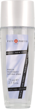 Prêt à Porter Parfum Deodorant Natural Spray w przezroczystej butelce 75ml, biała nakrętka, front.