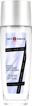 Prêt à Porter Original dezodorant w szklanej butelce 75 ml, srebrna nakrętka, napis Paris New York, widok z przodu.