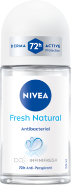 Antyperspirant NIVEA Fresh Natural 72h Derma Active Protection, biała nakrętka, przezroczysta butelka.