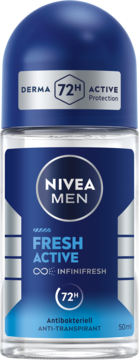 NIVEA MEN Fresh Active 72H roll-on antyperspirant 50ml w przezroczystej butelce z niebieską nakrętką, widok z przodu.