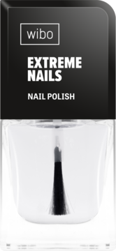 Wibo EXTREME NAILS przezroczysty lakier do paznokci z pędzelkiem, widok z przodu na butelkę i czarną etykietę.