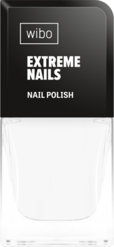 Biały lakier Wibo Extreme Nails, opakowanie z czarną etykietą i białym logo, widok frontalny.