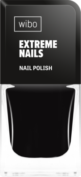 Czarny lakier Wibo Extreme Nails. Widok z przodu opakowania i butelki. Szybkoschnący, intensywny połysk.