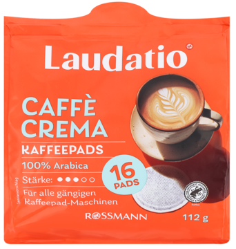 Laudatio Caffè Crema Kaffeepads 112g, pomarańczowa torebka z filiżanką kawy, 16 saszetek, 100% Arabica.