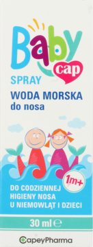 BabyCap Woda Morska spray do nosa dla niemowląt 1m+, białe opakowanie z grafiką syren, widok z przodu.